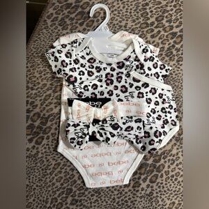 Bebe White and Pink Leopard Print Bodysuit